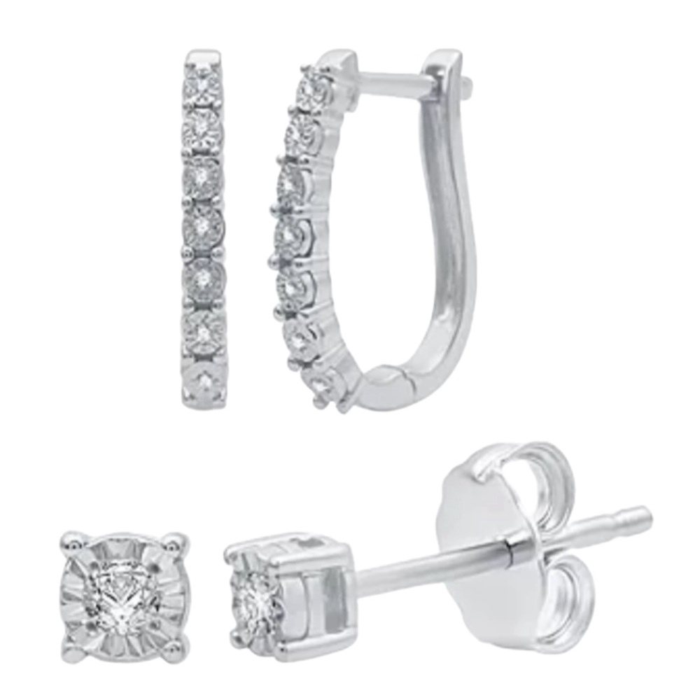 1/10 CT. T.W. Diamond Hoop and Stud Earring Set in Sterling Silver